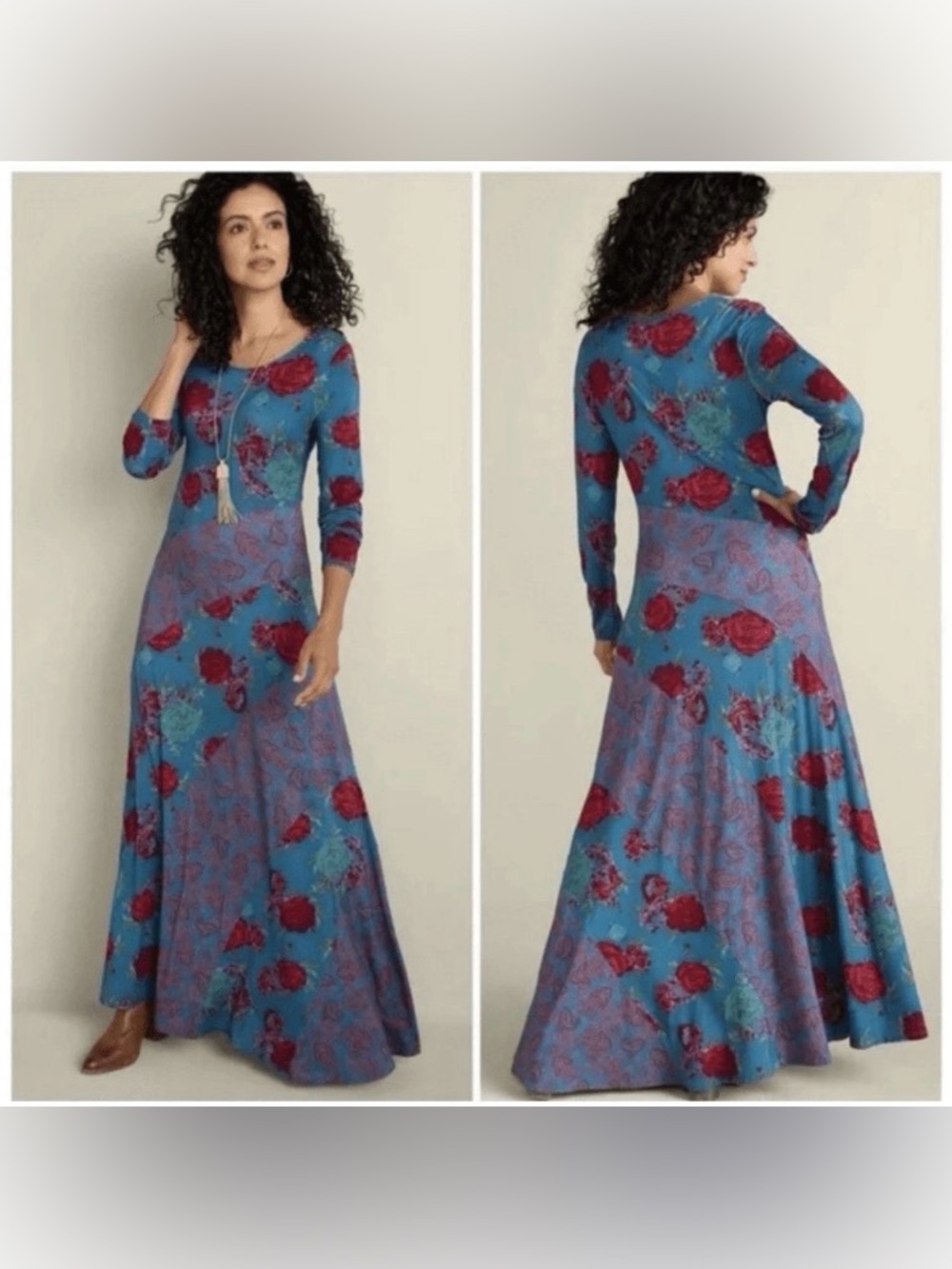 Soft Surroundings Ismerelda Floral Maxi Dress Blue Pink Jersey Long Sleeve Sz 2X